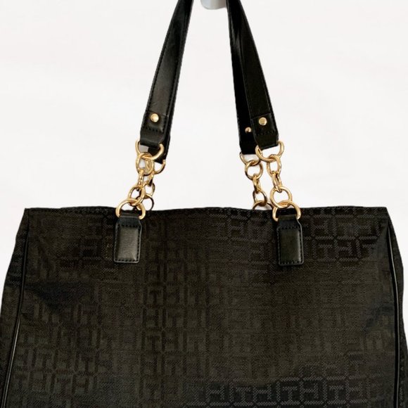 Tommy Hilfiger, Large, Black, T H Motif, Cloth Tote, Chain Handle - Picture 2 of 16